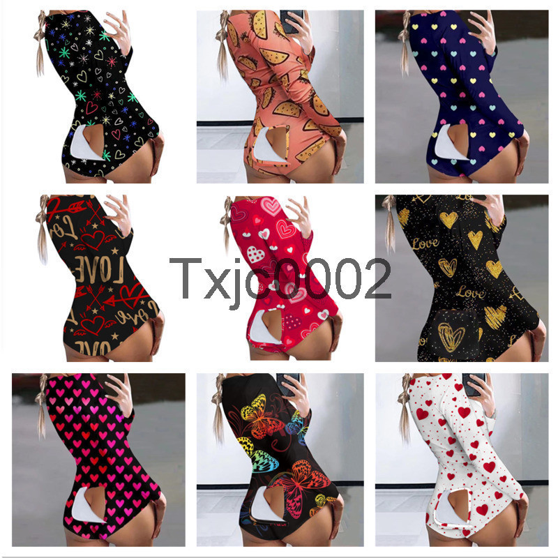 

Women Jumpsuit Slim Sexy Designer 2021 New Love Pattern Printed Ins Flip Open Button Hollow Out One Piece Pants Ladies Fashion Rompers, Snowflake love