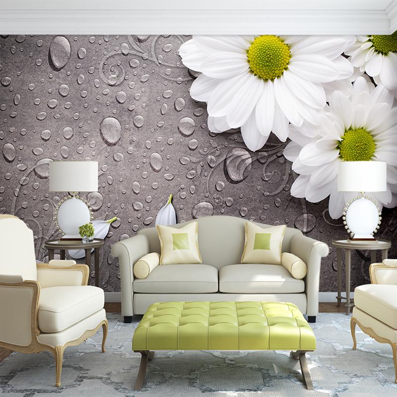 

European Style Retro White Flower Water Drop 3D Mural Wallpaper Living Room Bedside Decor Backdrop Wall Non-Woven Wallpaper Roll, Silk cloth