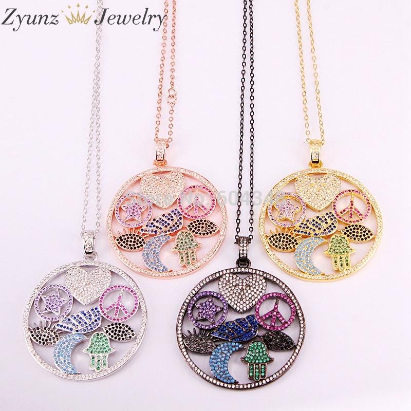 

5pcs ZYZ333-5552 Micro Pave CZ Pendant Necklace, Hamsa Hand & Star & Moon Heart Mix Patterns Chain Necklaces For Women Men