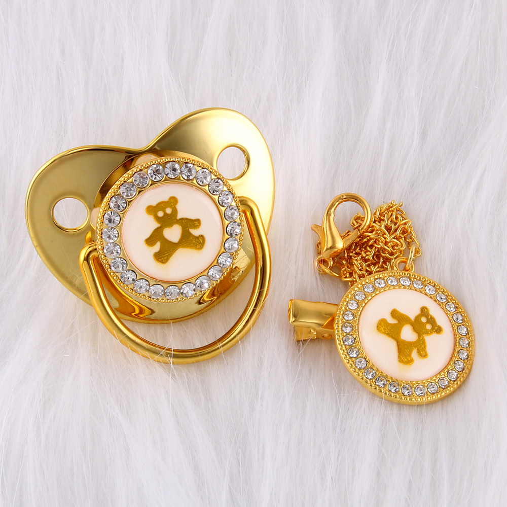 

Bling Bling Luxury Rhinestone Baby Pacifier Lovely Golden Bear Newborn Silicone Orthodontic Pacifier Nipple Sleep Soother