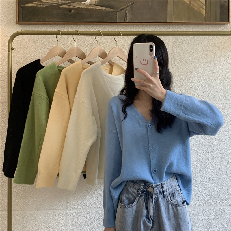 

2021 New 5 colour Korean v neck style cardigan womens soild long sleeve tops of women jackets (l9138) 5ZAE, White