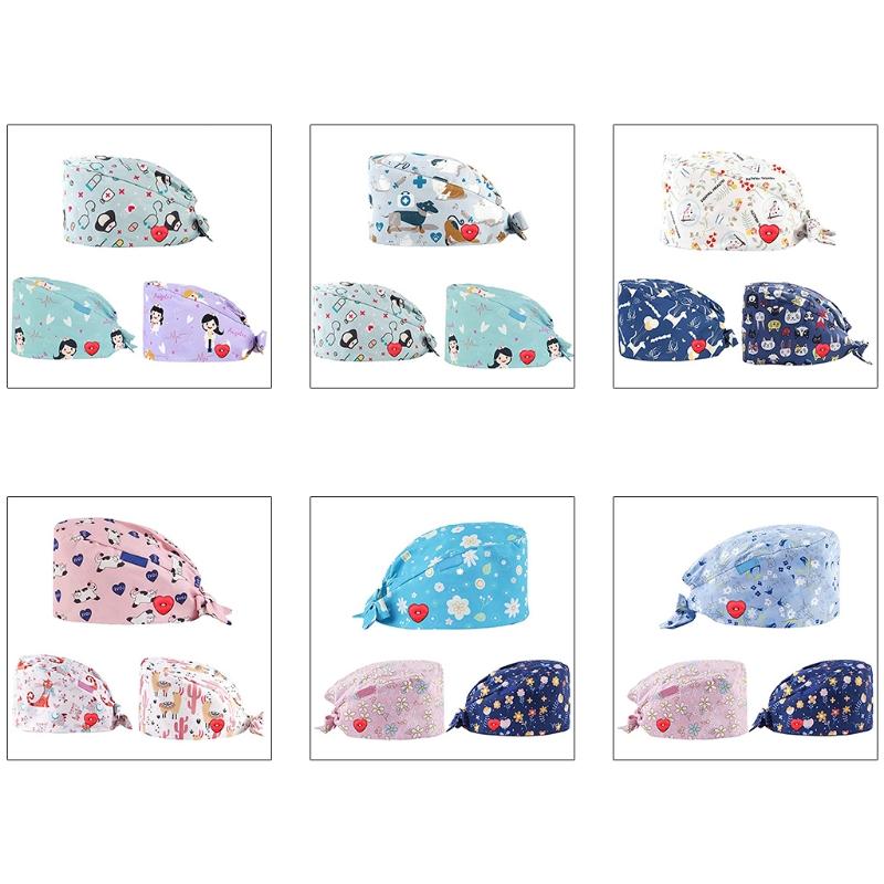 

3Pcs Adult Adjustable Working Cap with Heart Buttons Sweatband Cartoon Animal Floral Print Elastic Tie Back Bouffant Hat