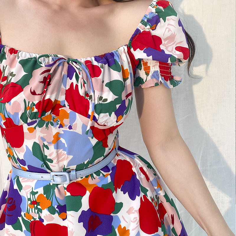 

2021 New Super Nice Vintage Big Flower Vest Waist Thin Collar Bright Colors Sleeve Above Knee Dressed IQZ1, Clear