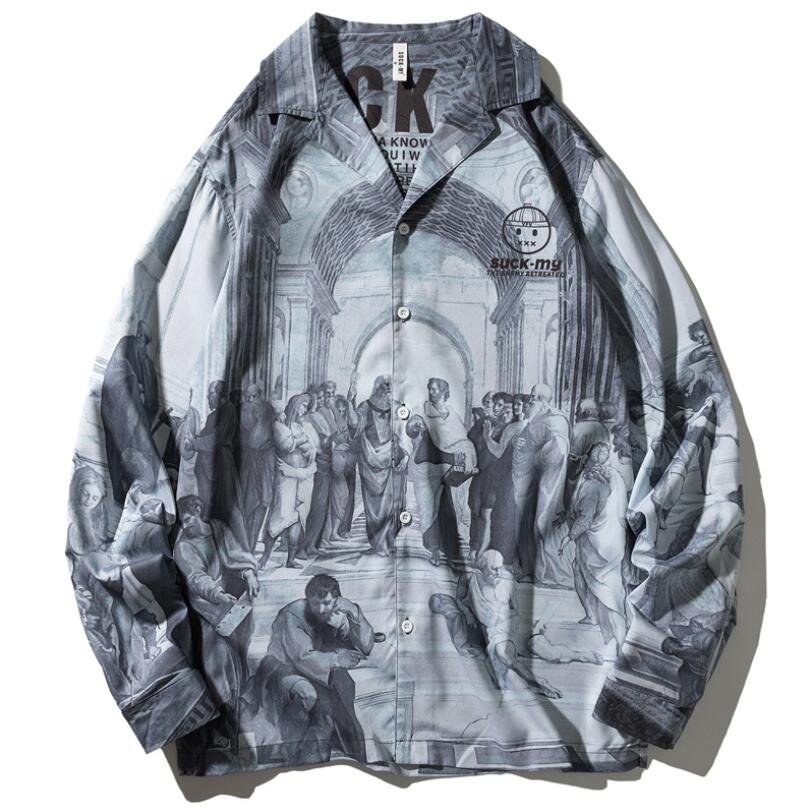 

2020 Mens Europe Palace print Shirt Thin Vintage Print Jacket Spring Korean Trend Men Autumn Loose Casual Buttons Blouse w1193, White;black