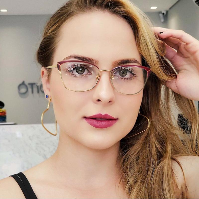 

Sunglasses 95607 Ladies Cat Eye Metal Frame Glasses Spring Legs Flat Anti-blue Light