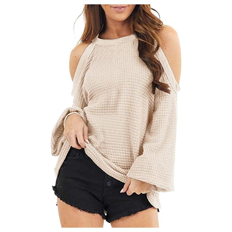 

Autumn Tops Loose Shirts Female Blusas Tops Plus Size Women' Off-the-shoulder Knitted Loose Long-sleeved Casual Blouse, Beige