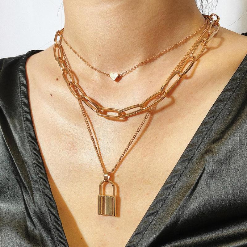 

Multilayer Geometric Lock Necklace Chain Punk Pendant Necklace Men and Women Metal Padlock Chain Jewelry thick