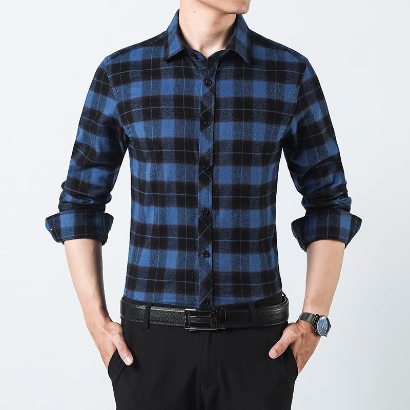 

Pure Cotton Flannel Men's Long Sleeved Plaid Shirt Autumn Men's Brand Casual Long-sleeved Shirt Soft and Comfortable, Blue