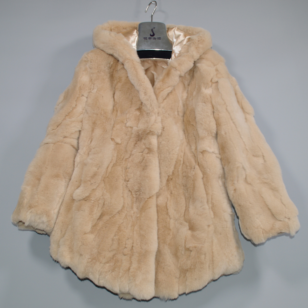 

Boa qualidade senhora inverno longo estilo genuno real das mulheres casaco natural rex pele de coelho, Beige