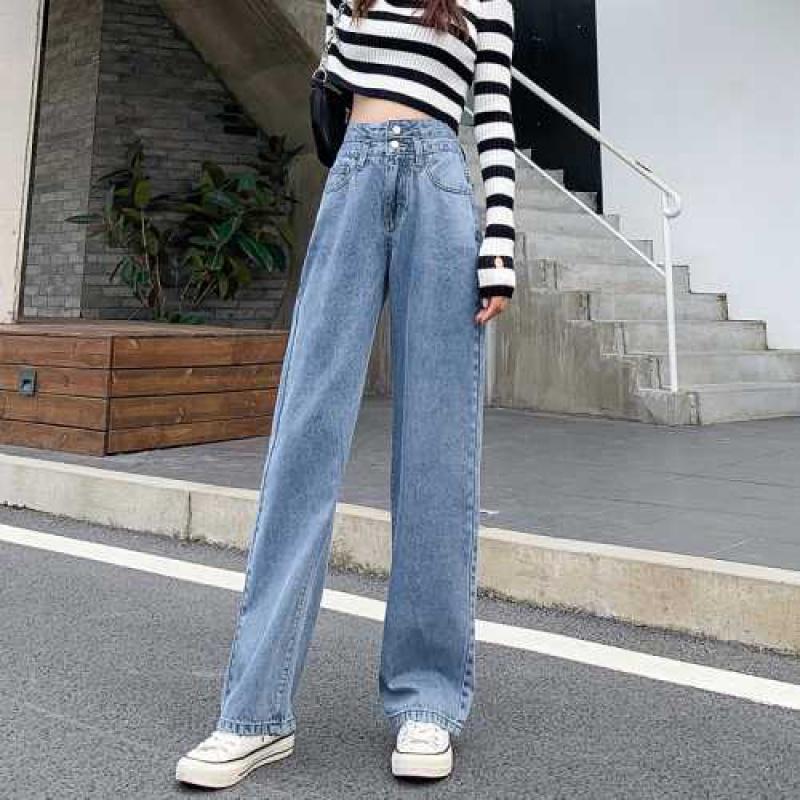 

Autumn High Waist Double Button Wide Leg Straight Loose Extra Long Denim Jeans for Women  S M L XL, Black gray 9 points