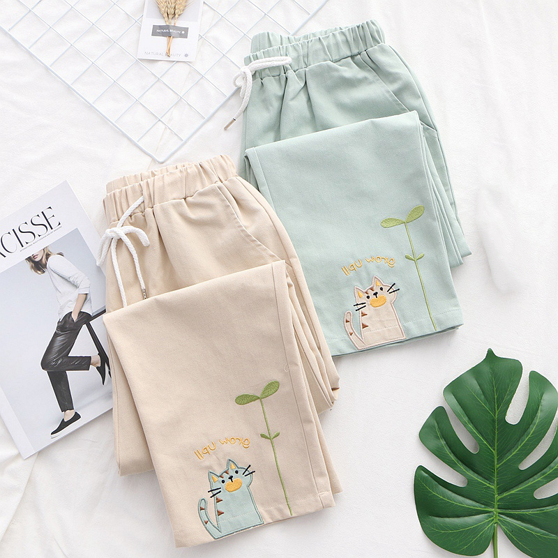 

2021 New Spring Japanese Mori Girl Cute Cat Embroidery Ankle-length Casual Student Girls Straight Pants Npl9, Khaki