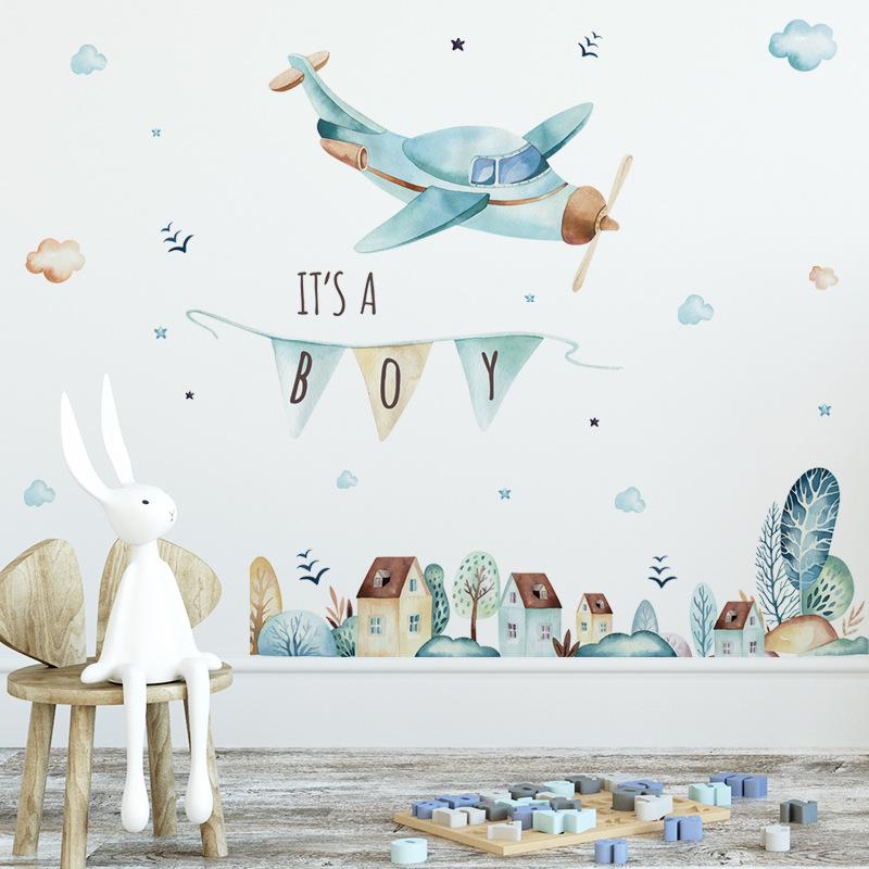 

Cartoon Watercolor Airplane Fairy Tale Town Wall Stickers for Children's Room Kindergarten Background Wall Decoration Removable