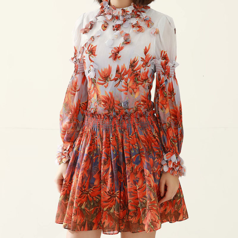 

2021 New Spring Style Retro Printing Dappled Flower Dapples Long Sleeve Beads Dress Women's Stretch of High Quality Clothing Zb84, Multiple