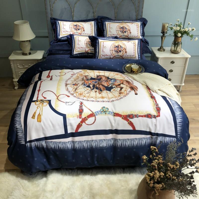 

High quality island velvet Bedding Set Color satin Bed Set Horse map Duvet Cover Bed Sheet Pillowcases Queen King size1, Colour 1
