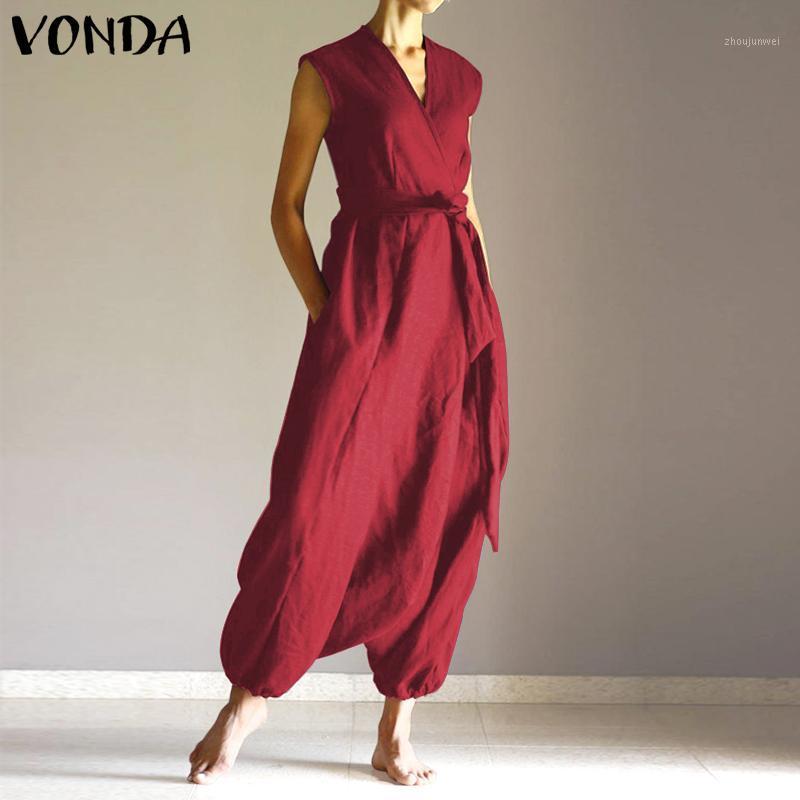 

Loose Summer Overalls VONDA Casual Cotton Rompers Women Fashion Sleeveless Straps Jumpsuits Wide Leg Pants Vintage Suspenders Women, Black