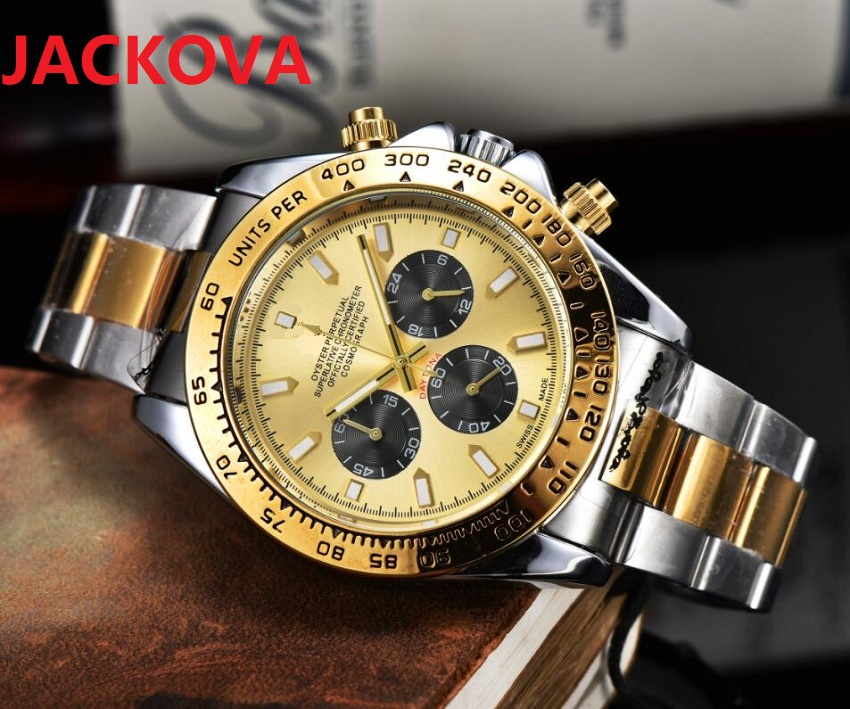 

Top Brand mens time clock watches day date Classic bracelet Wristwatch small dial working Battery Chronograph Quartz Movement President stopwatch, As pic