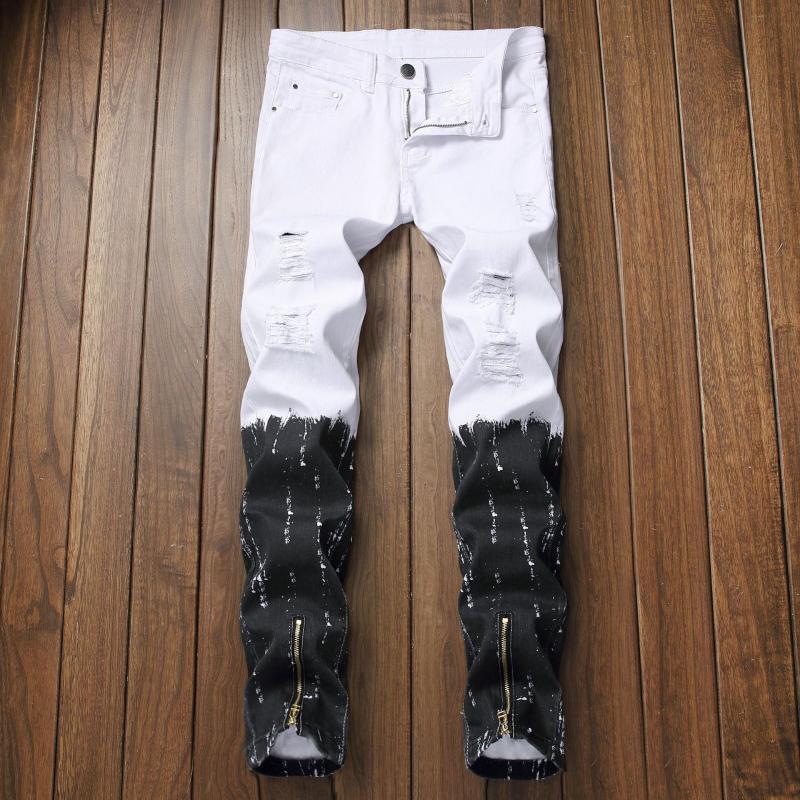

Men's Casual Printed Jeans Two Tone Spliced Ripped Denim Trousers Feet Zipper Individuality Design Slim Stretch Cowboy Pants Man, 8911