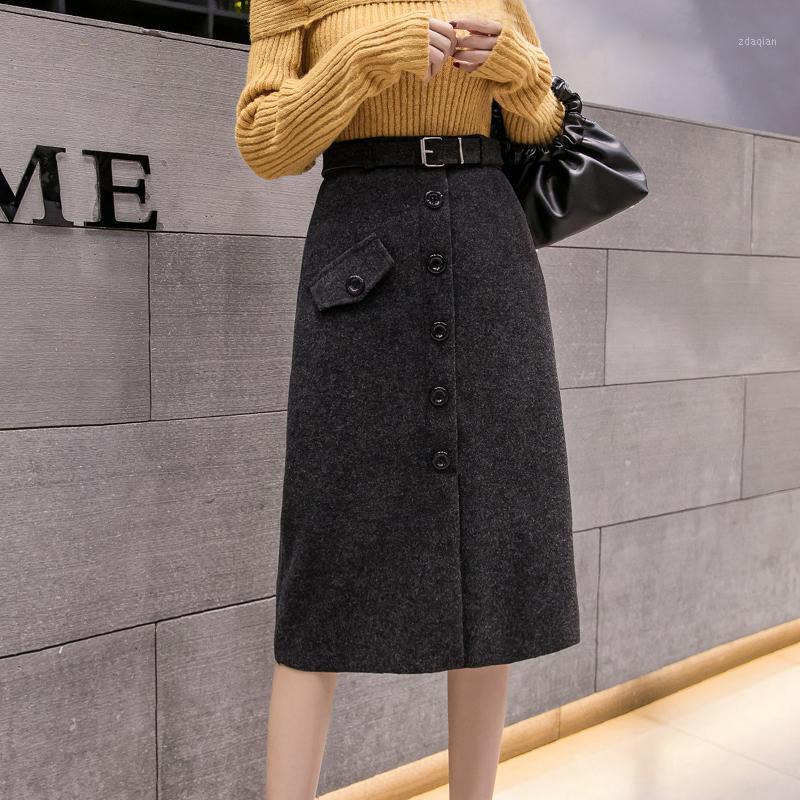 

Elegant ladies woolen skirt 2020 autumn winter women' korean style single breasted sashes midi skirts slit work wear jupe femme1, Black