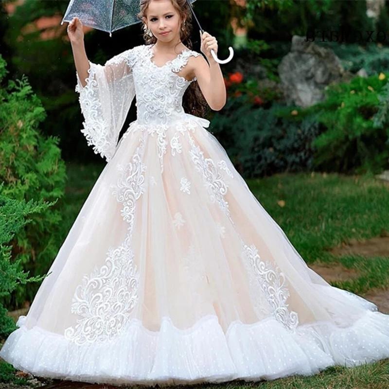 

Flower Girl Dresses Tulle White Lace Flower Girl Dresses for Wedding One Sleeve Kids Pageant First Communion Gown