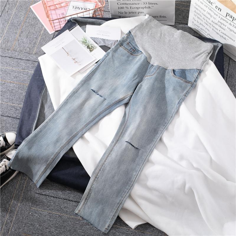 

Light Blue Pregnancy Split Cropped Jeans with Holes Ankle-Length Pregnant Women Cowboy Pants Maternity Denim Trousers Wholesale1