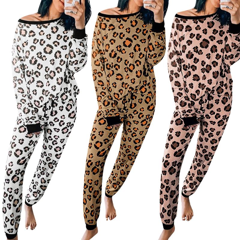 

Spring Autumn Women Casual Cotton Blend Home Wear 2 Pieces Outfits Leopard Set Pullover Long Sleeve O Neck Tunic Long Trousers, Brown