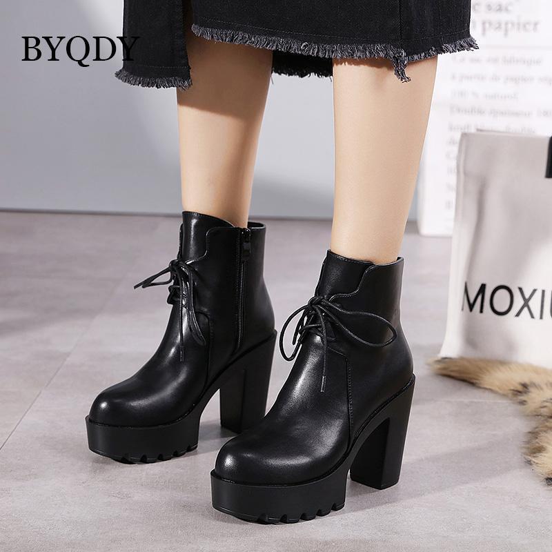 

BYQDY 2021 Autumn Patent Leather Woman Boots Round Head Wedge High Heels Platform Motorcycle Ankle Boot Rubber Sole For Party1, Black boots
