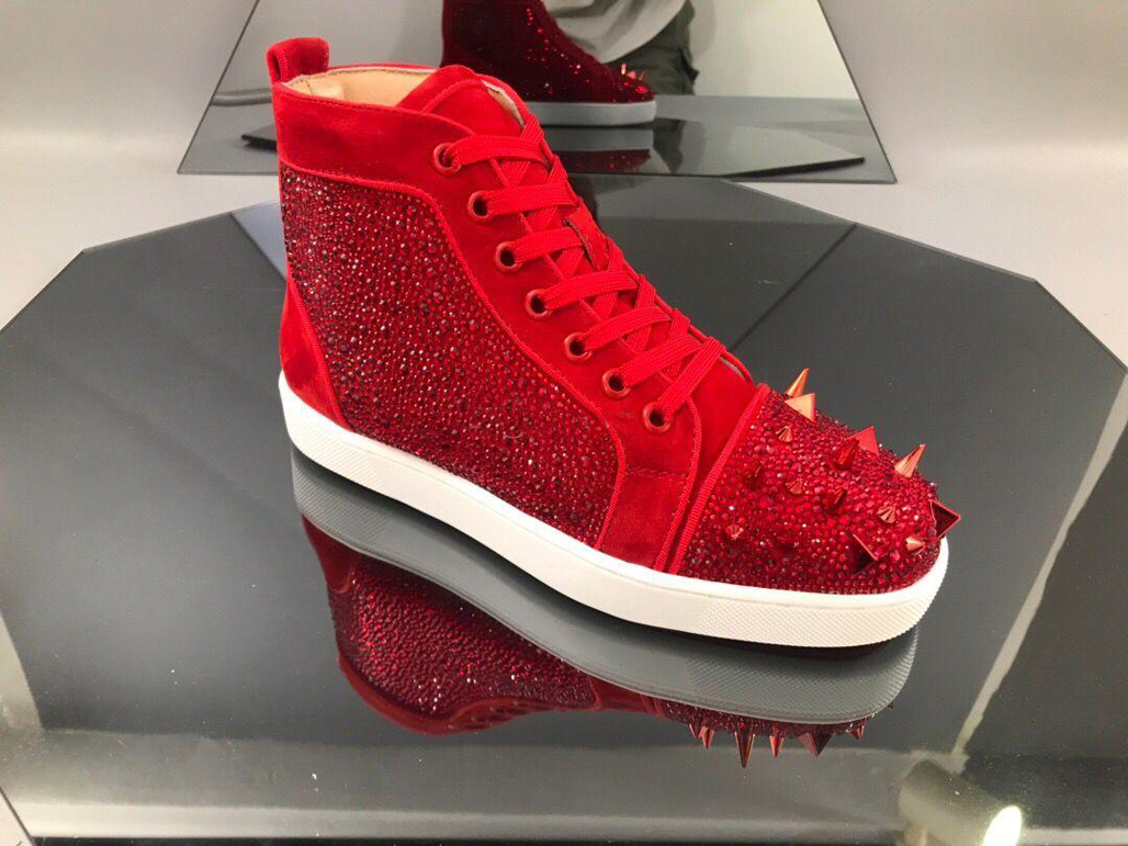 

With Box Designers Men's Sneakers High Tops Pik Pik Spiked Flats Rhinestone Red Bottom For Men Women genuine Leather Sneakers Party Best