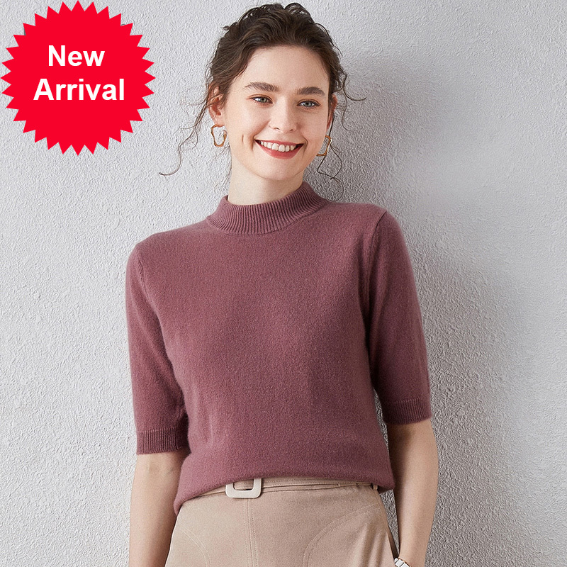 

2021 New Real 100% High O-neck Tshirt Half Sleeve Knitted Sweater Base Women's Cashmere Jumper 683f, Black
