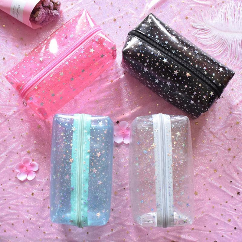 

Women Cosmetic Bag Clutch Bag Jelly Transparent Storage Holder Travel Organizer Star Print Girls Makeup1, Black