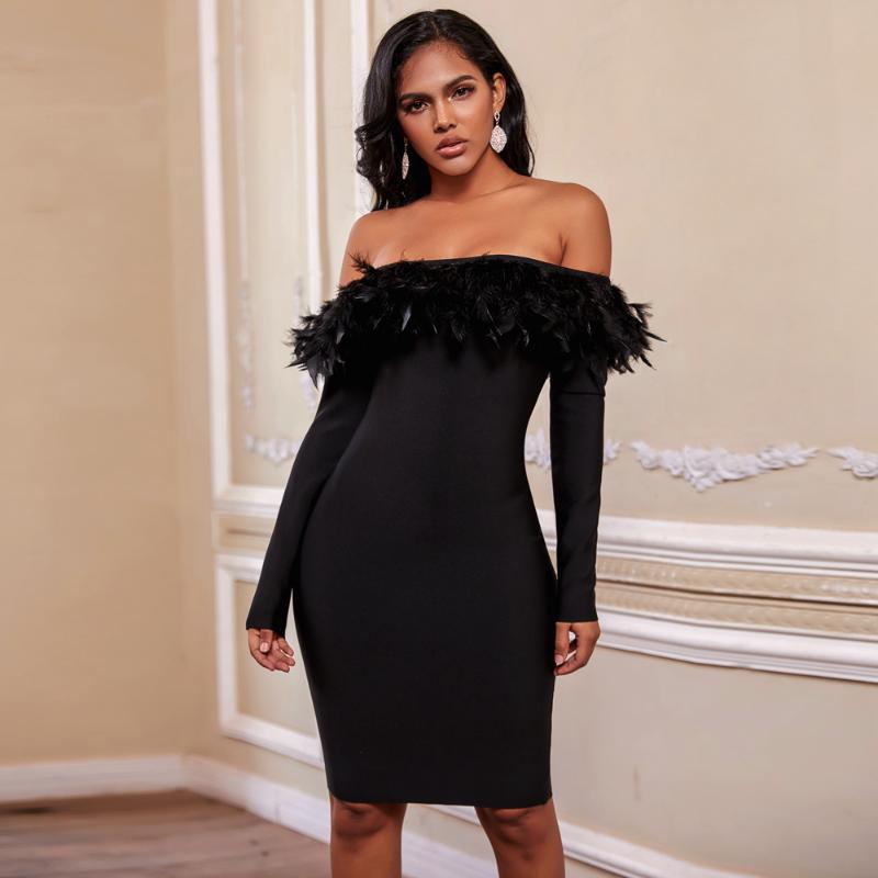 

Ocstrade 2021 Women Off Shoulder Black Bandage Dress Rayon Feather Sexy Long Sleeve Bandage Dress Bodycon Evening Party