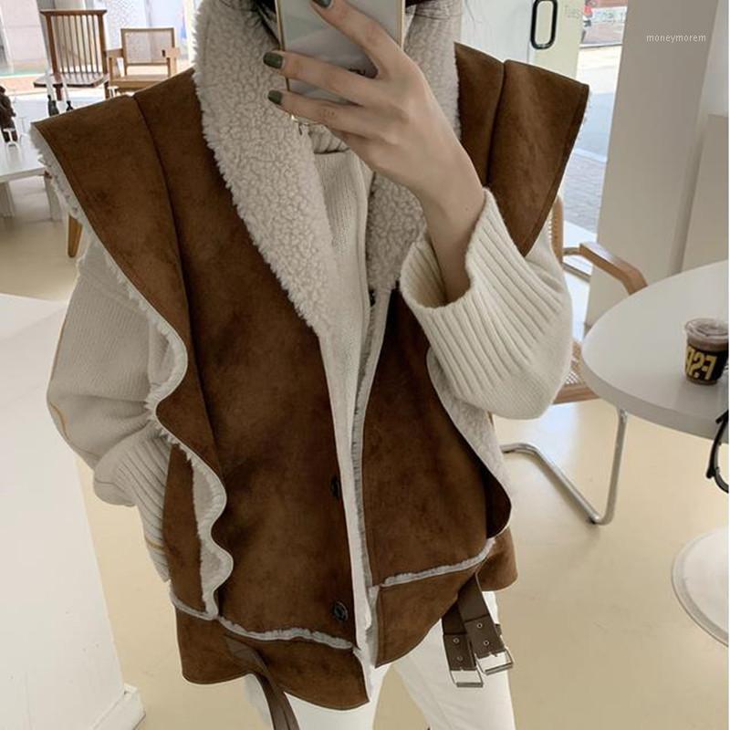

Fashion Streetwear Motocycle Style Lamb Wool Coat Vest Women Autumn Winter Ruffle Sleeve Thick Jacket Female Waistcoat1, Gray sweater