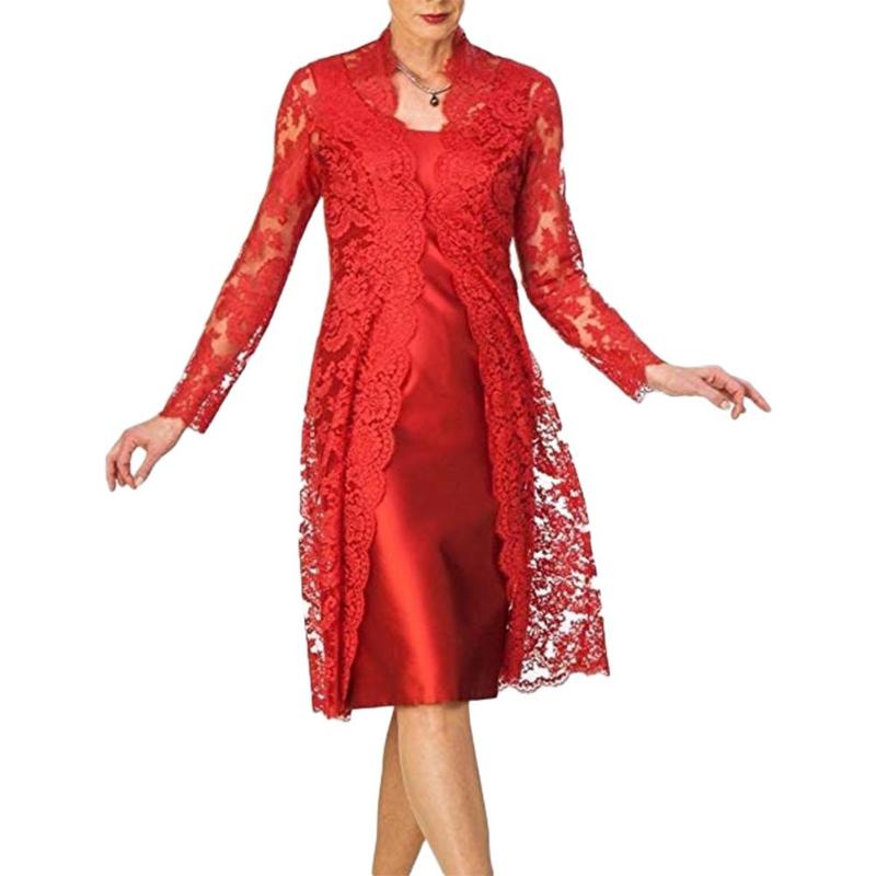 

Hot apparel 2Pcs Fashion Bride Mother Wedding Evening Party Midi Dress Hollow Lace Set Evening Party Midi Dress Hollow Lace Set, Red