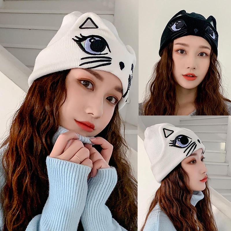 

Cute Animal Cat Crochet Knit Cap Beanie Autumn New Solid Warm Skullies Beanies Caps Female Knitted Hat Ladies Girls Winter Hats, White