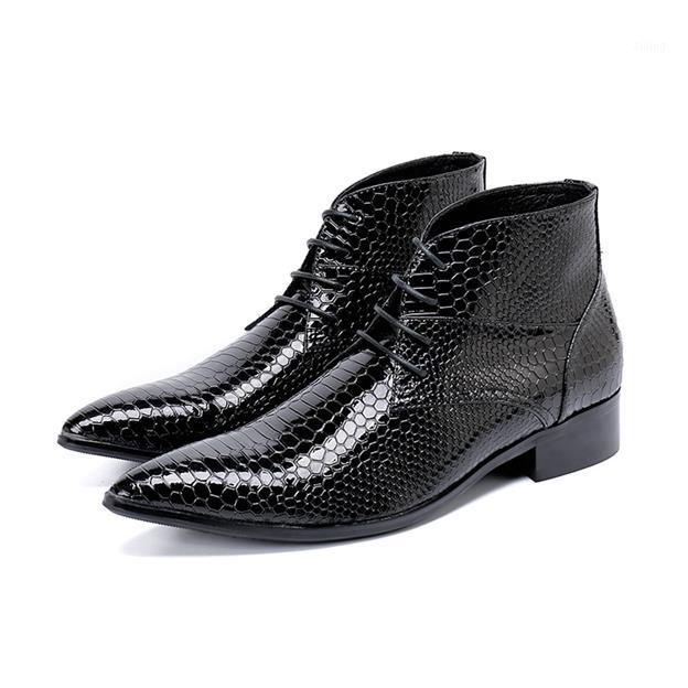 

Botines Hombre European style snake skin print patent leather boots black lace up ankle boots men cowboy mens1, As picture