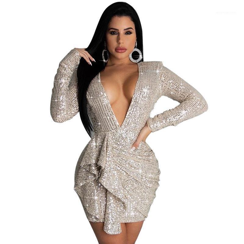 

Sexy Deep V-Neck Backless Sequin Night Dress Women Big Size Dresses Fashion Asymmetrical Patchwork Long Sleeve Sheath Mini Dress1, White
