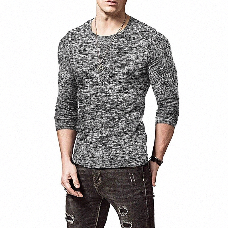 T-shirt pour hommes Couleur de couleur solide Col Casual Daily Manches à manches longues Mode légère Big et Grand Vert Bleu Grey X9Bs #