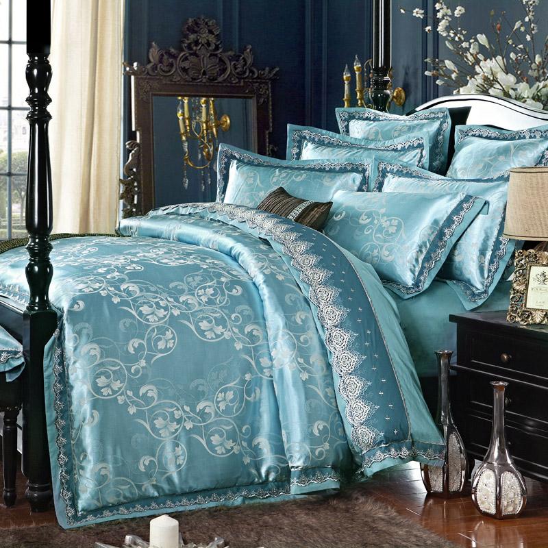 

Luxury Jutecell Satin Jacquard Silk Bedding Set Cotton Lace Sheet Satin Bed 4/6pcs Tencel Cover Queen/King Set Bed Bedclothes, 25