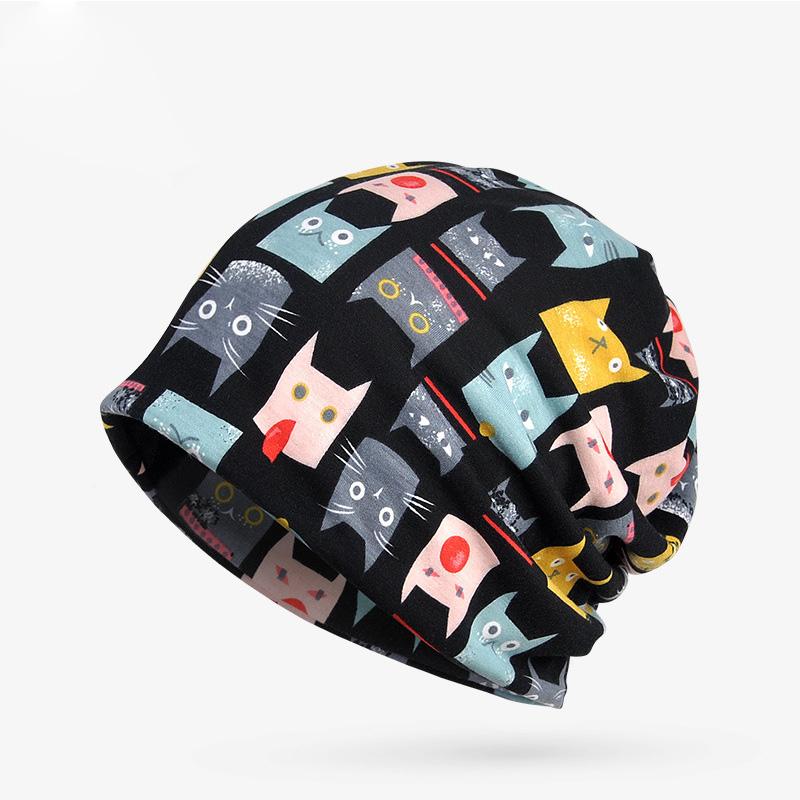 

European fashion hip-hop hat warm neck hat dual-use men and women pure cotton cat cat figure plus velvet trend casual Baotou, White
