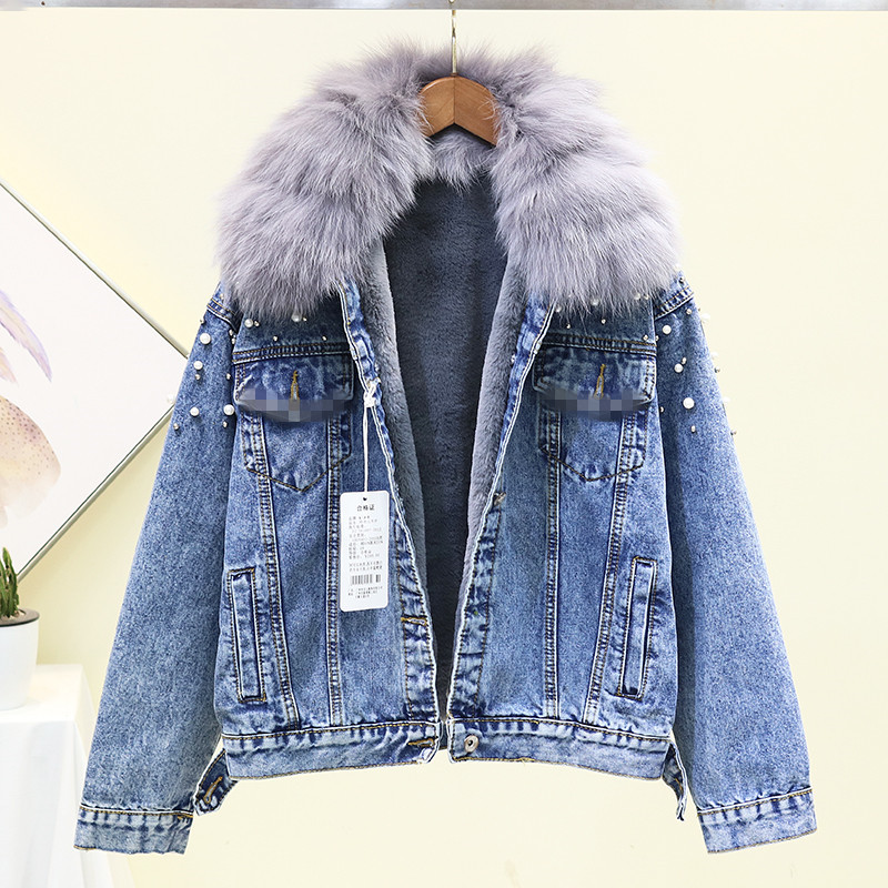 

Real fur collar denim parka 2020 winter jacket leather-lined women's jackets more velvet-warm ladies suede, Blue