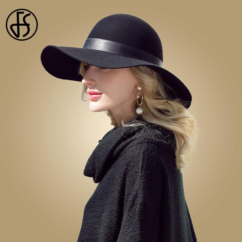 

FS 2020 Winter Black Hat For Women Big Wool Fedora Hats With Leopard Belt Cloche Felt Wide Brim Bowler Hats Ladies Fedoras