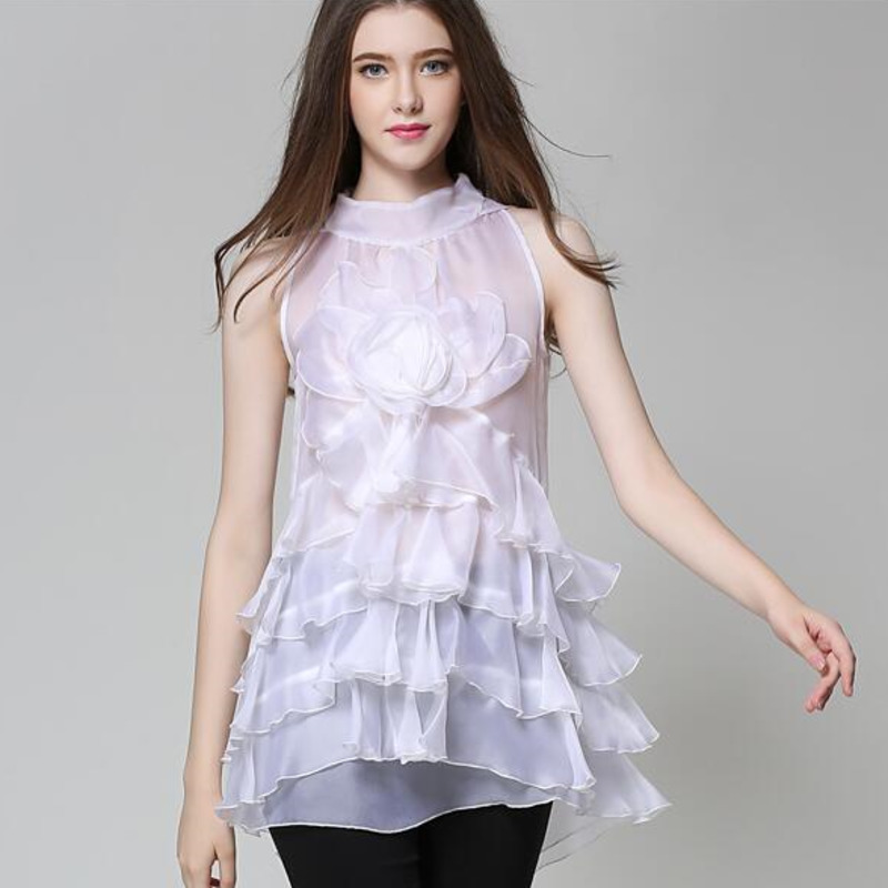 

Women's blouse 2020 luxury fashions elegant ladies sexy perspective high-end multi-level ruffled collar sleeveless shirt top, Black