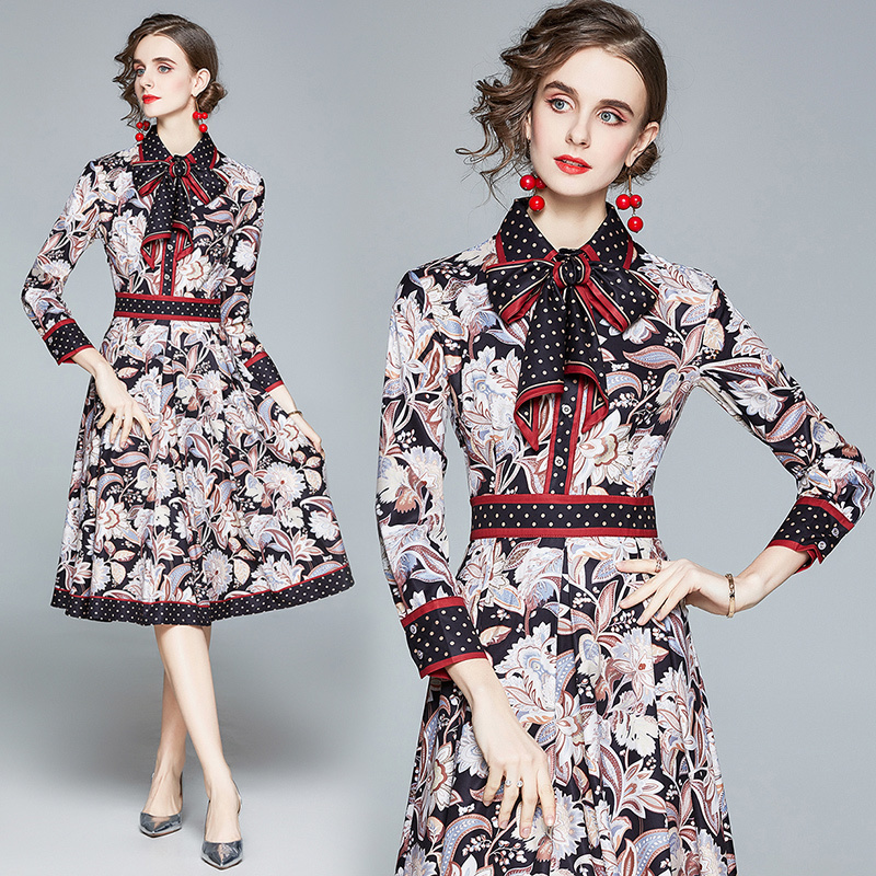 

2021 New Runway Women Autumn Long Sleeve Robe Femme High Quality Print Elegant Bow Party Mini Vestidos C65y, The picture color