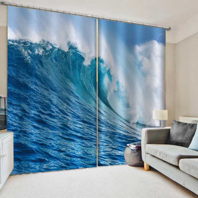 

Luxury Blackout 3D Window Curtains For Living Room Bedroom blue waves curtains Thick shading soundproof windproof curtain, As pic