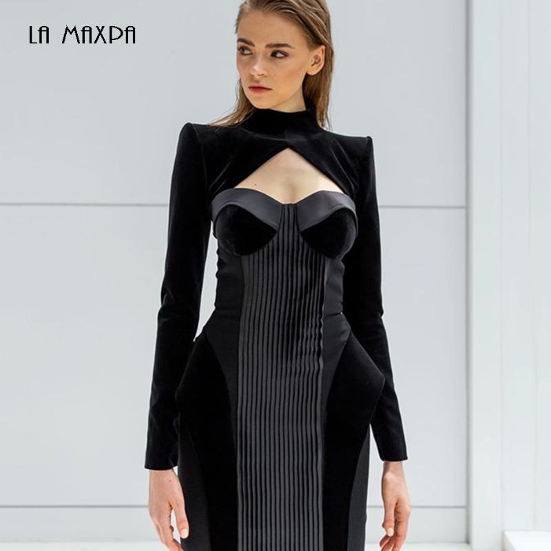

2020 New Winter Black 2 Two-Piece Long Sleeve High Neck Hollow Out Midi Dress Bodycon Club Sexy Evening Party Dress Vestidos