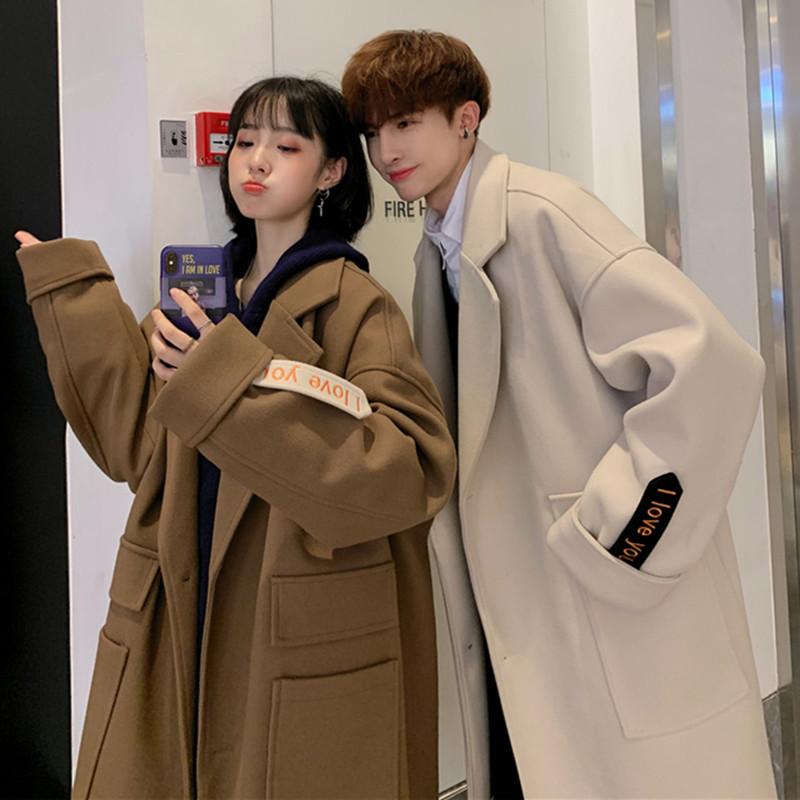 

Autumn and winter Hong Kong style couple woolen coat jacket men' Korean casual loose embroidered woolen coat, Beige