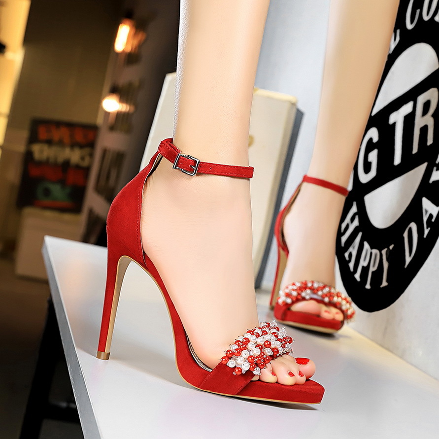 

2020 summer women pearl bombs high-heeled thin heels sexy ladies shoes broken mujer tacon zapatos YJRG, Red