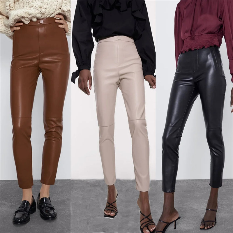 

winter-autumn solid long skinny high waist za pu pants fashion cashmere inside warm straight faux leather black trousers 201228, Brown