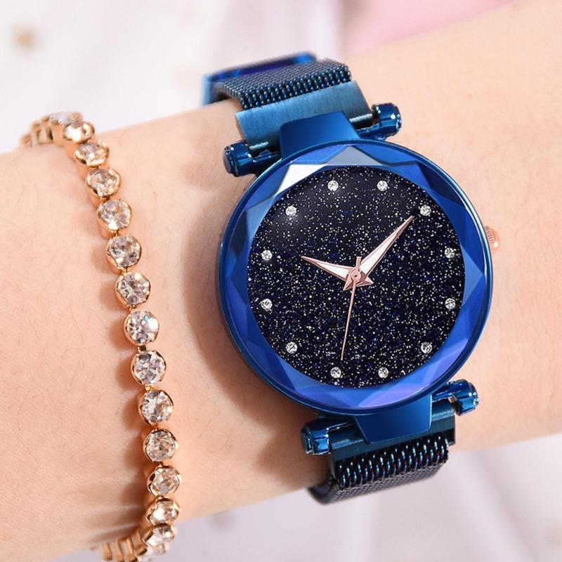 

Women Mesh Magnet Buckle Starry Sky Band Strap Women Watch Plastic Case Clock Quartz Wrist Watch Relogio Feminino, Blue