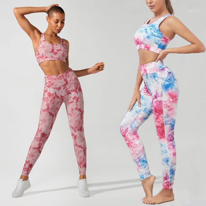 

2020 Fitness Yoga Set Women Tie Dye Vest Trousers Breathable Quickly Dry 2 Piece Set Gym Jogging Suits for Women Sportswear1, Color2