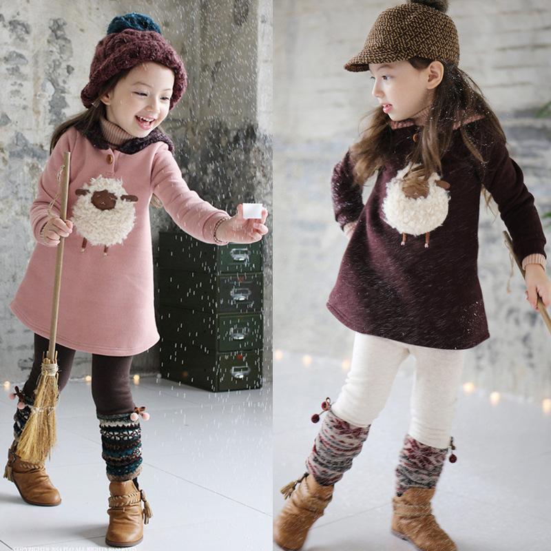 

New Fall Winter Children's Wool Sweatshirt Girls Thick Cotton Not Down Velvet Dress Fashion Cartoon Cashmere Plush Velvet Dress, Beige